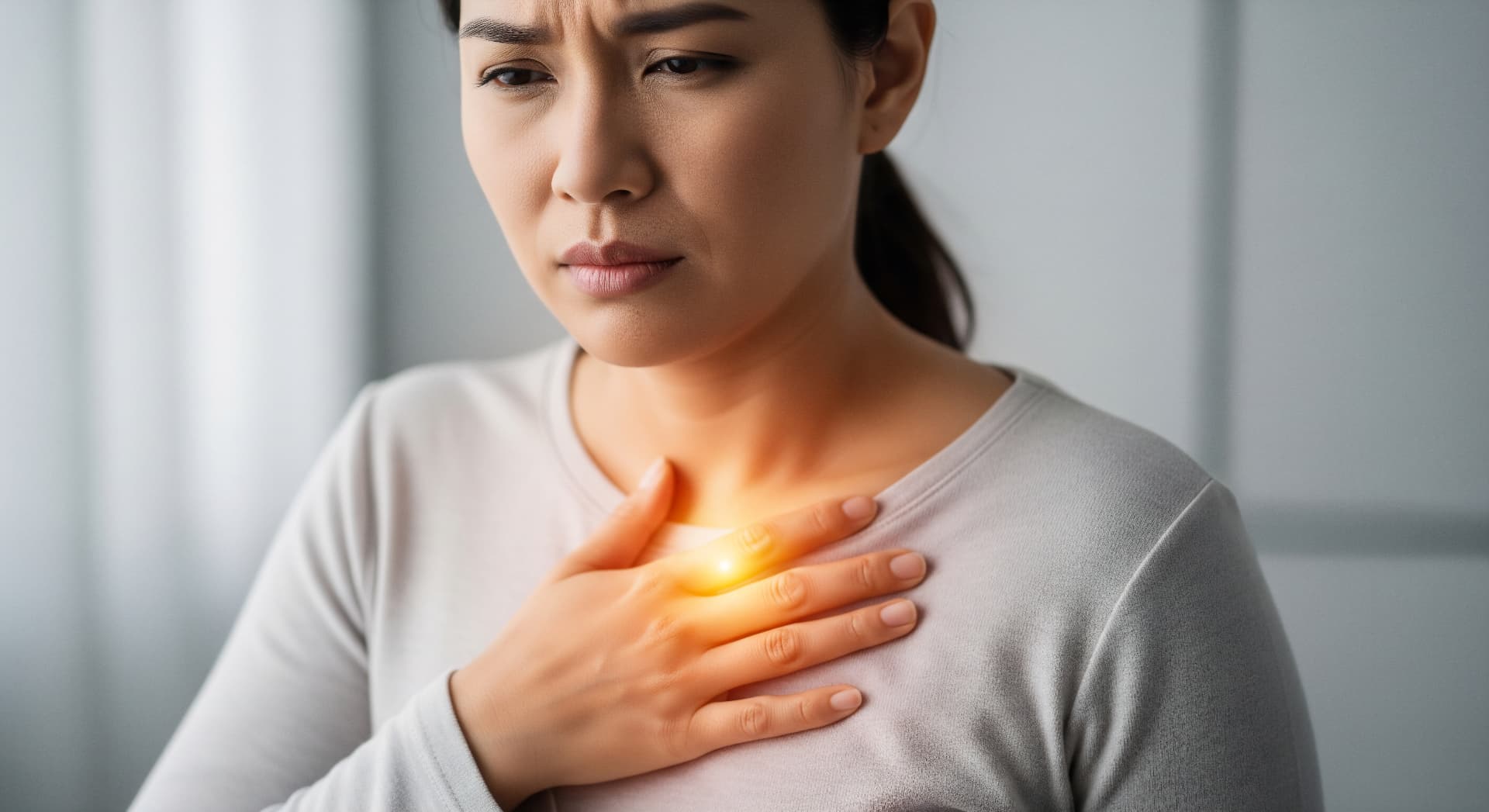 Woman experiencing heartburn symptoms with burning sensation in chest