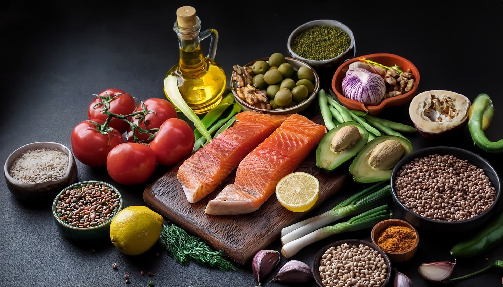 Mediterranean diet with fresh salmon, vegetables, olive oil, legumes, and healthy ingredients for liver health